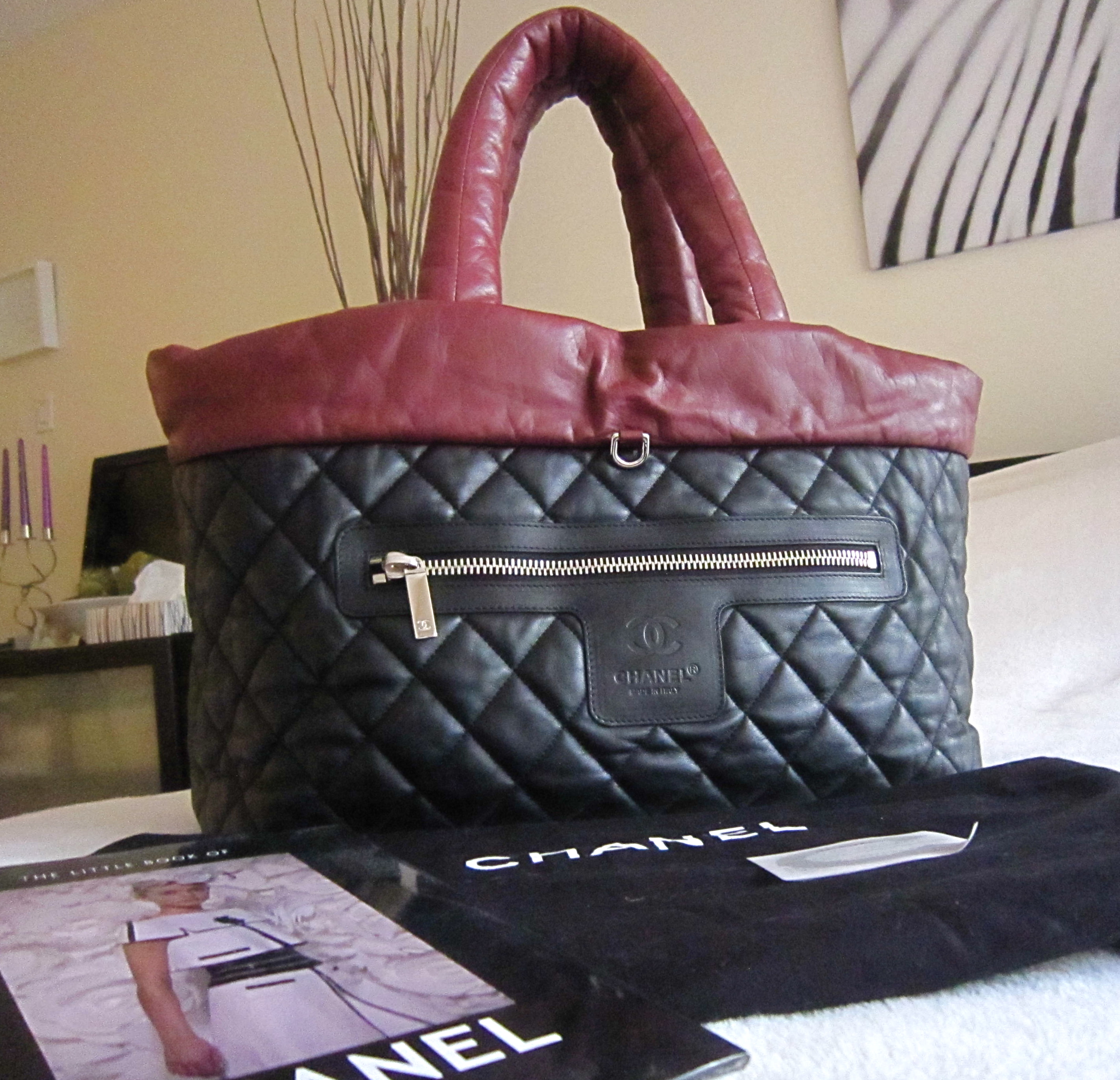 Chanel Coco Cocoon Black/Burgundy Lambskin Leather Reversible Large Tote Bag