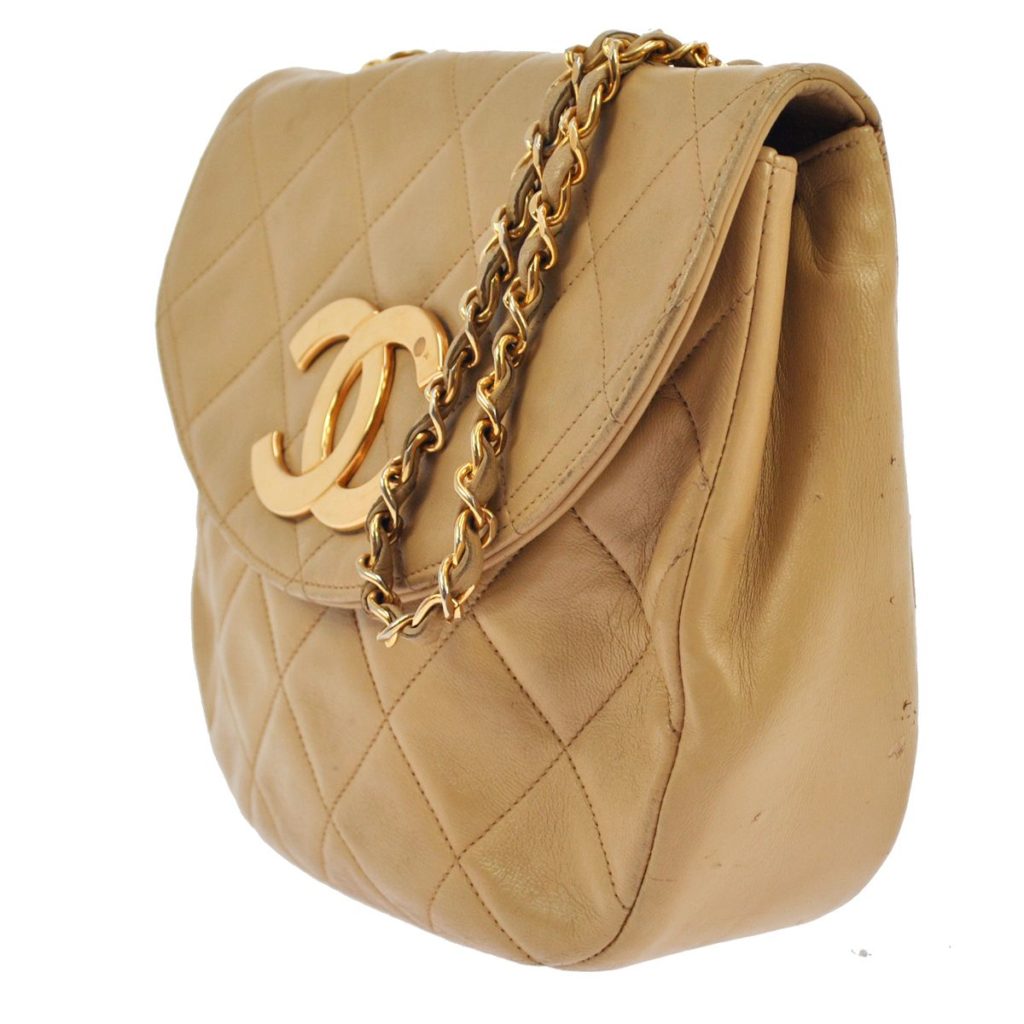 Chanel Vintage Jumbo Chain Quilted Caviar Leather Beige Bag