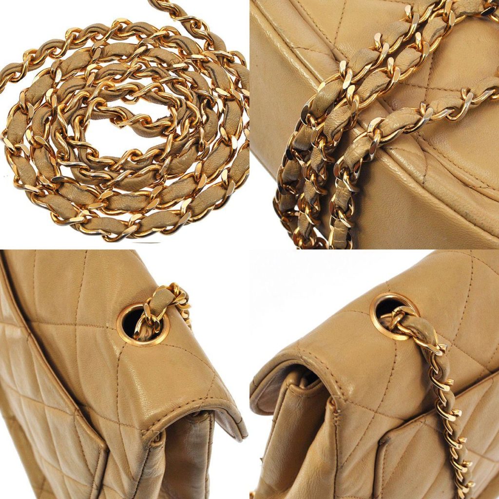 Chanel Vintage Jumbo Chain Quilted Caviar Leather Beige Bag