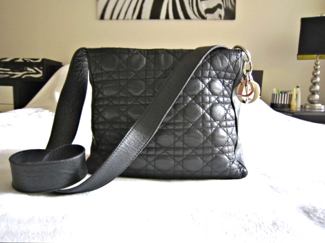 Christian Dior Black Leather Cannage Drawstring Shoulder Bag