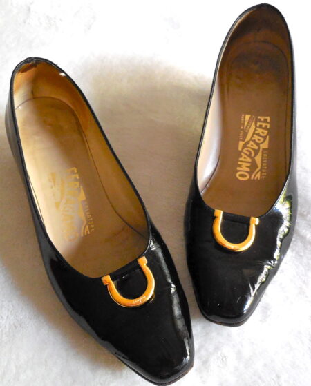 Salvatore Ferragamo Black Patent Gancini Heels