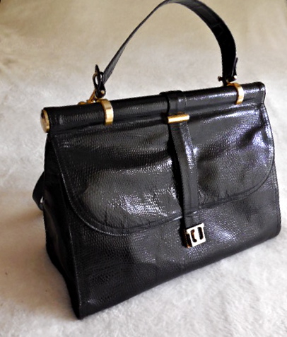 Vintage Black Snakeskin Leather Satchel Bag