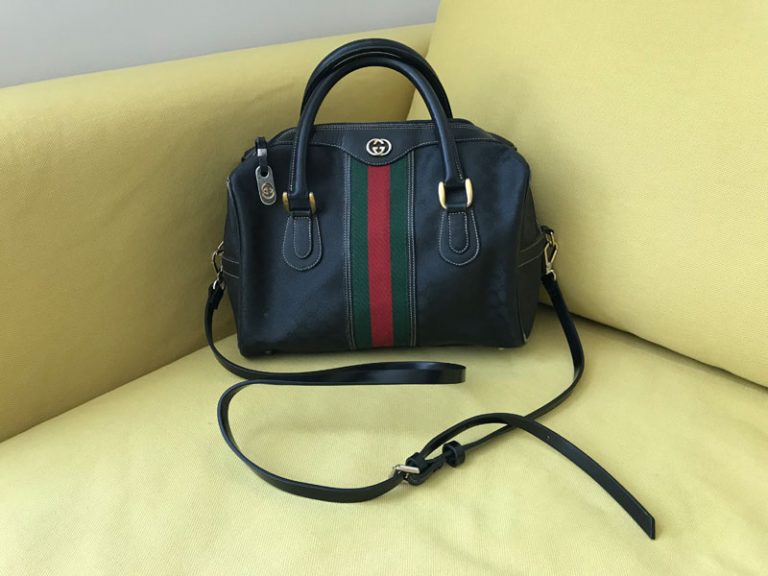 gucci vintage web black leather boston bag