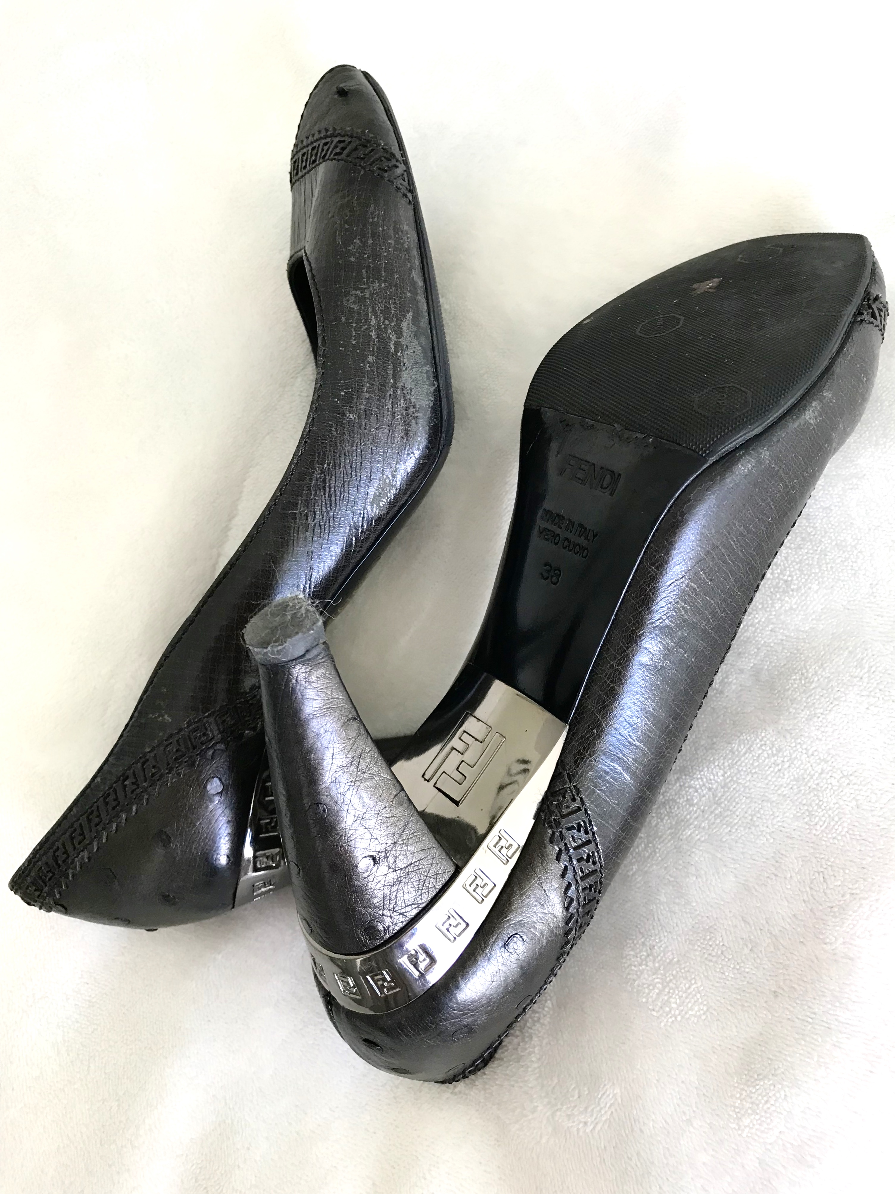 Exclusive Fendi Signature Peep Toe High Leather Heels