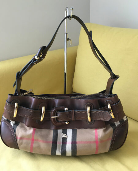 Burberry Check Canvas & Brown Leather Hobo Bag