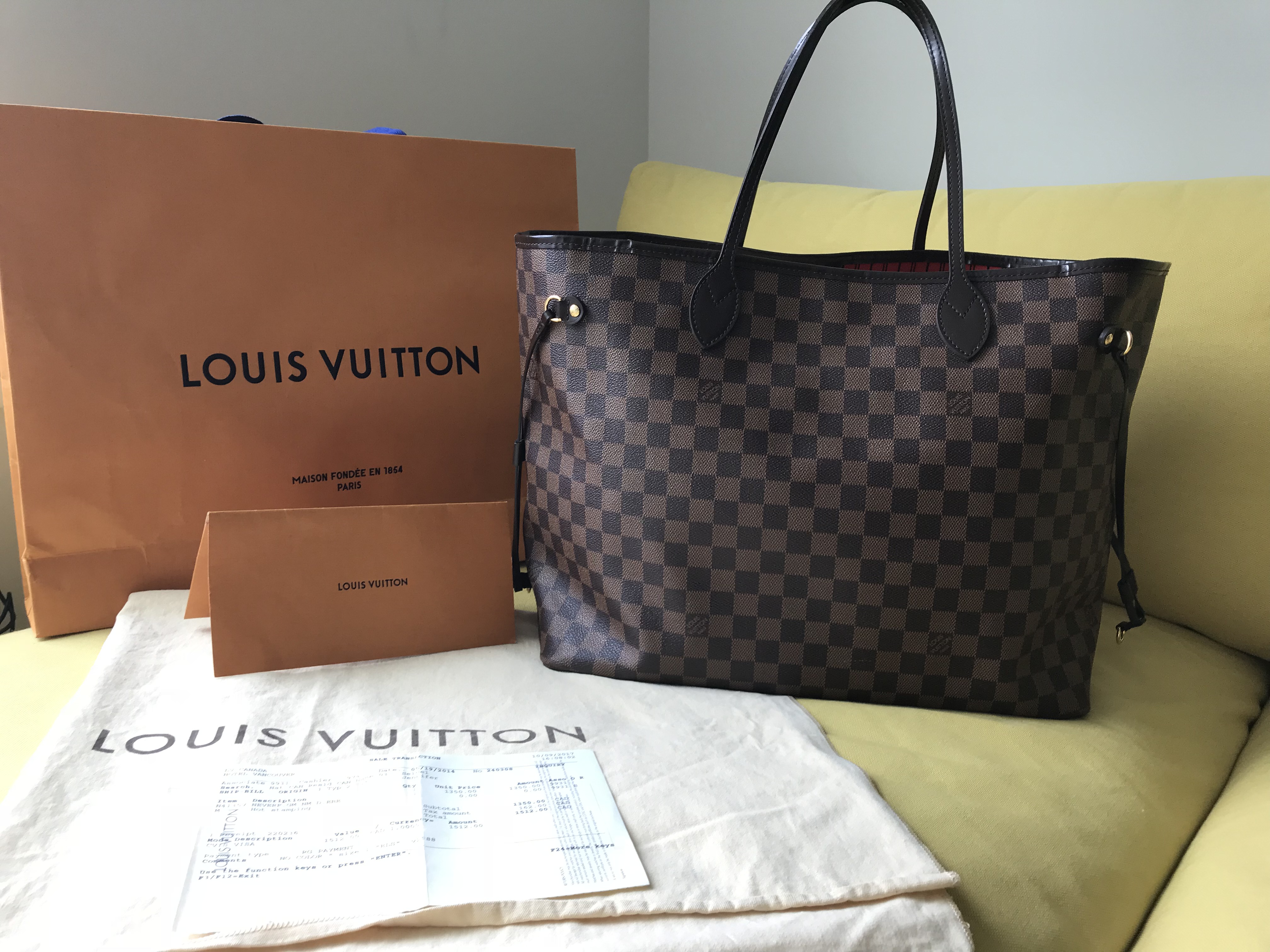 Louis Vuitton Neverfull GM Damier Ebene Tote Handbag