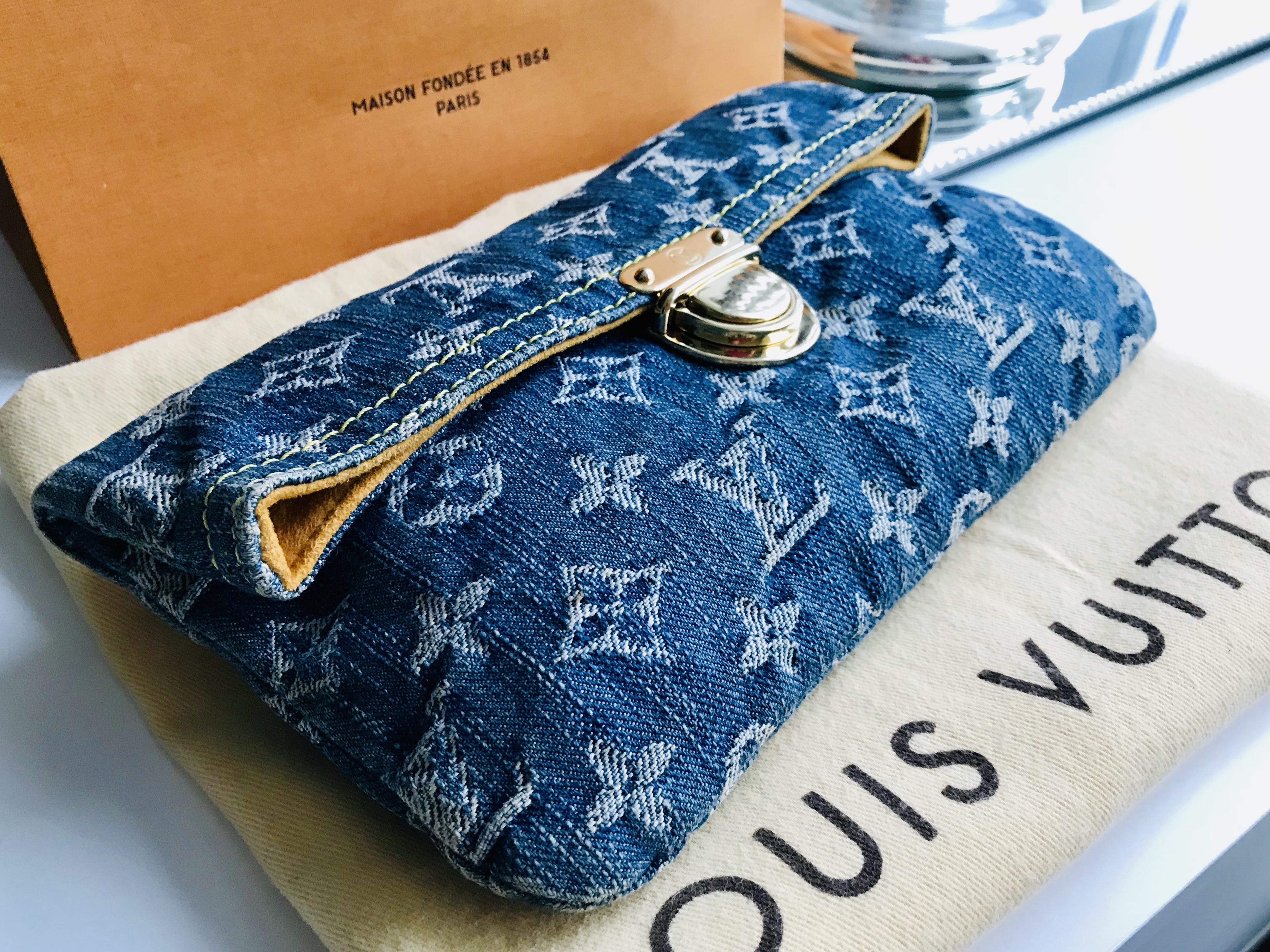 Louis Vuitton, Bags, Louis Vuitton Pochette Plate Monogram Foldover Blue Denim  Clutch