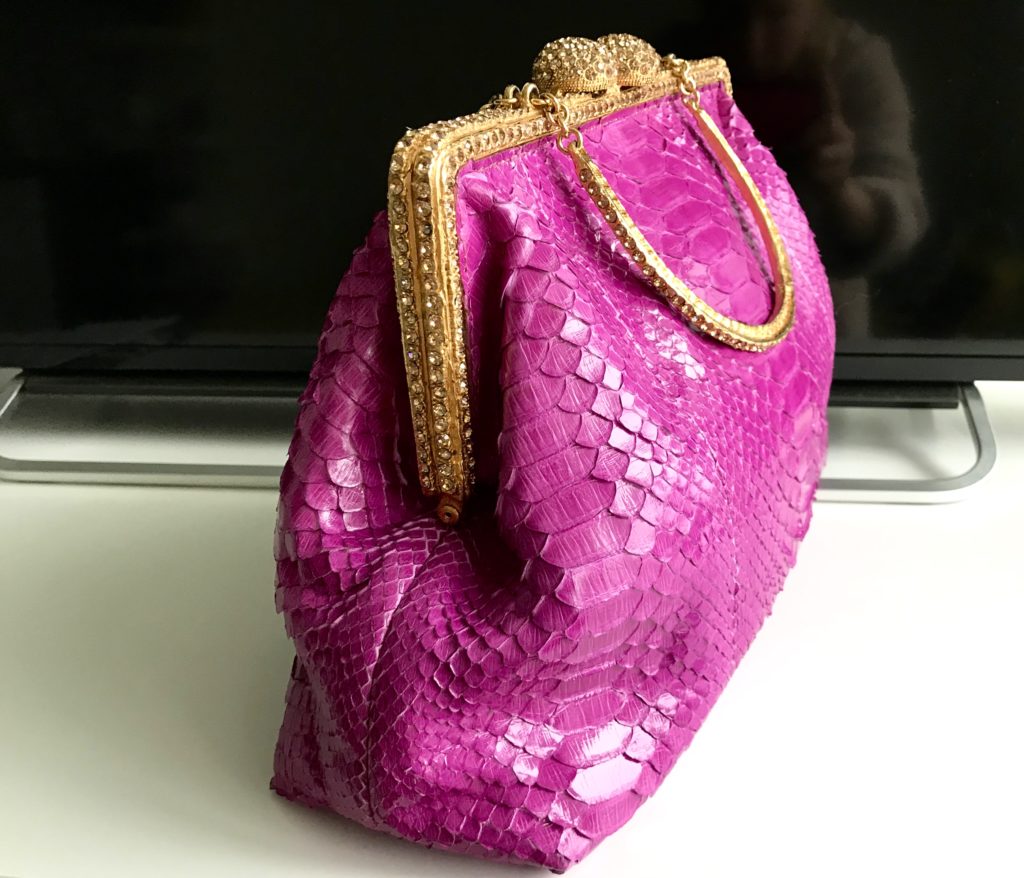 Clara Kasavina Simonetta Magenta Python Skin Swarovski Crystals Satchel