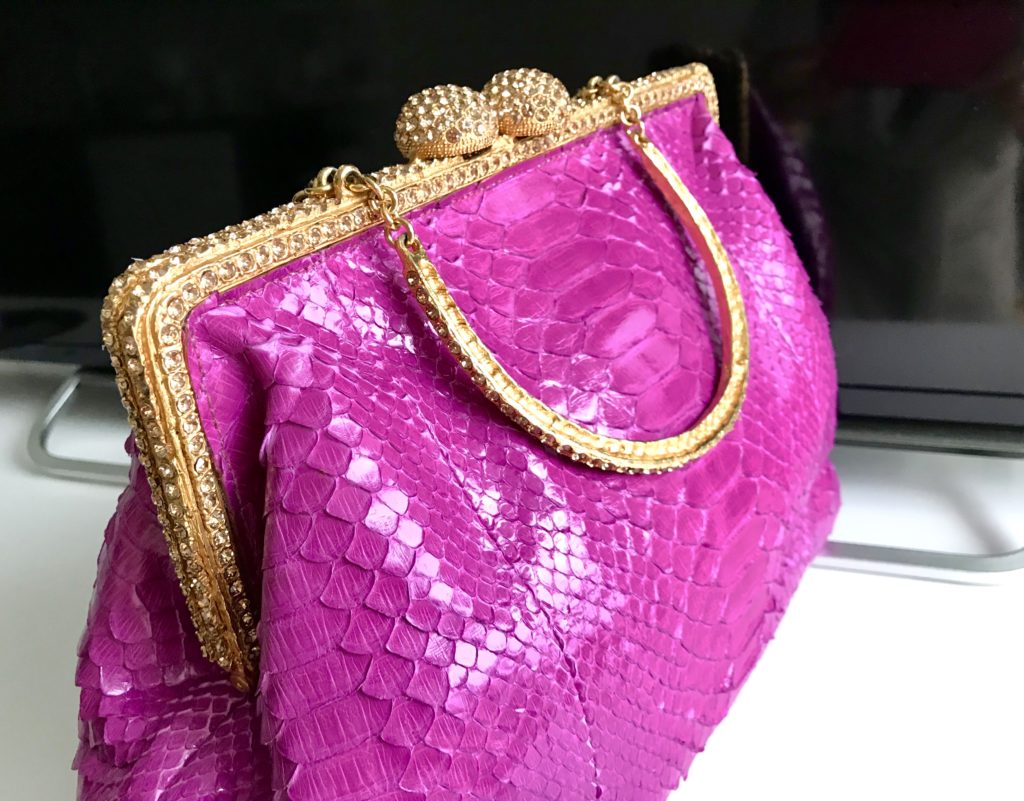 Clara Kasavina Simonetta Magenta Python Skin Swarovski Crystals Satchel