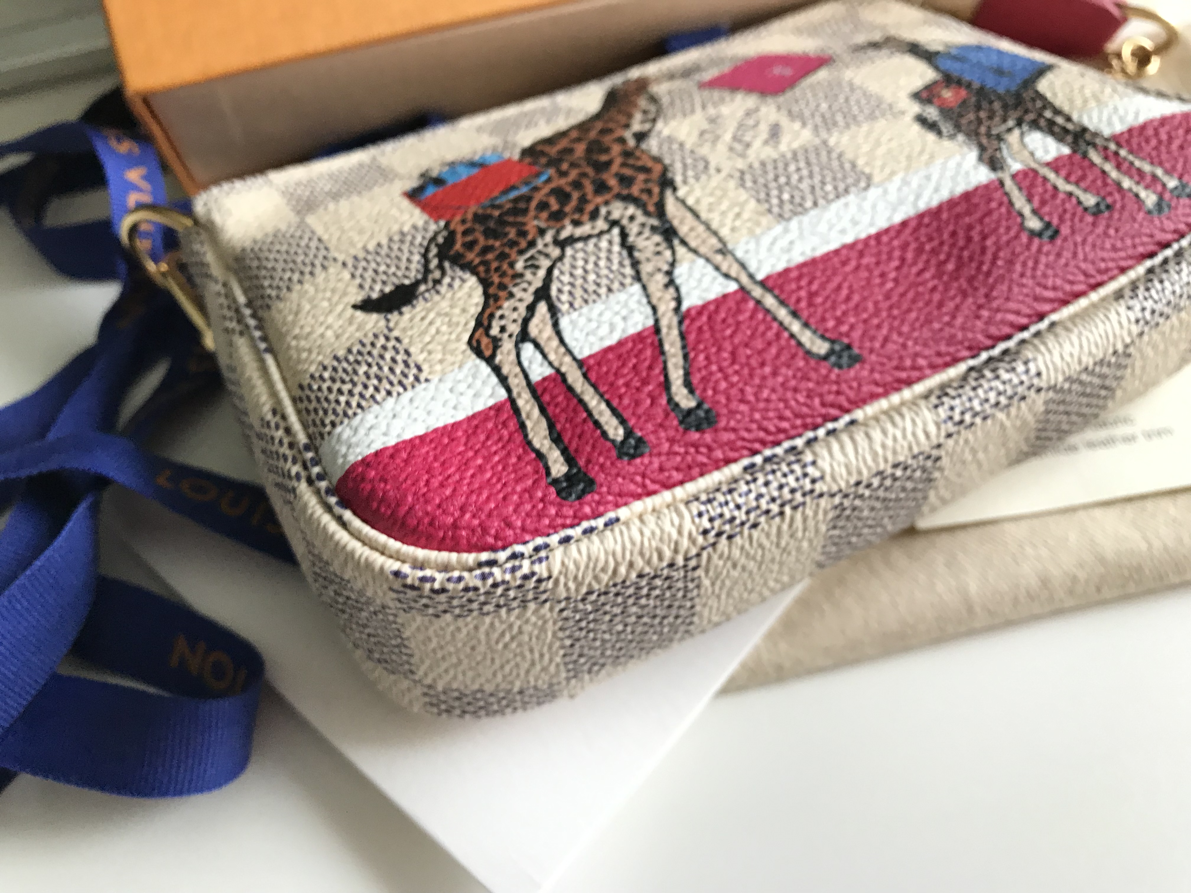Louis Vuitton, Bags, Louis Vuitton Damier Azur Christmas Giraffe Mini  Pochette With Box And Dustbag
