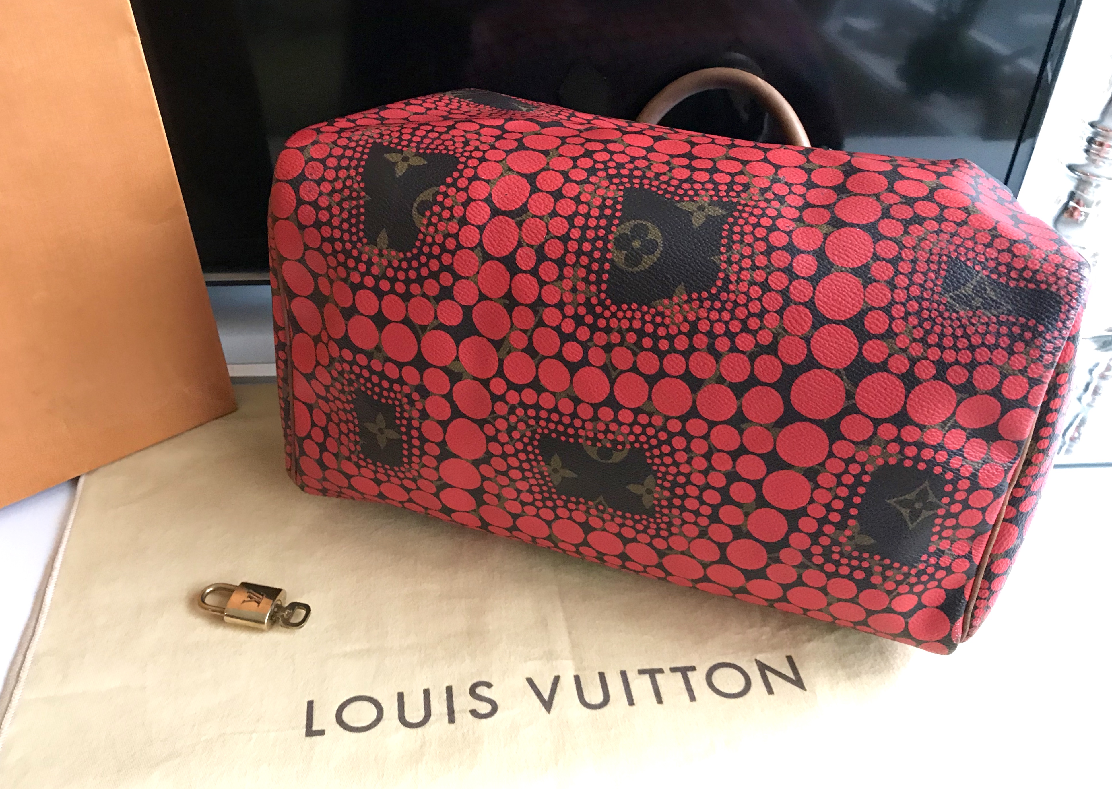 Authenticated Used Louis Vuitton Handbag Yayoi Kusama Monogram Town Speedy  30 Rouge Canvas Ladies M40693 
