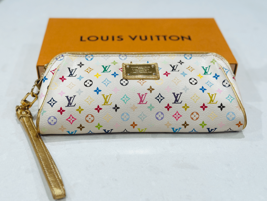 Authentic Preloved Louis Vuitton Monogram White Multicolor Kate Clutch Wristlet Gold