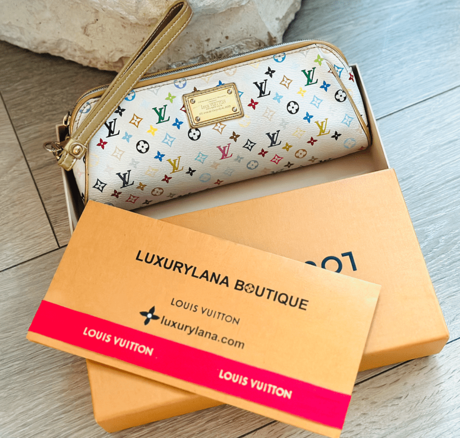 Authentic Preloved Louis Vuitton Monogram White Multicolor Kate Clutch Wristlet Gold