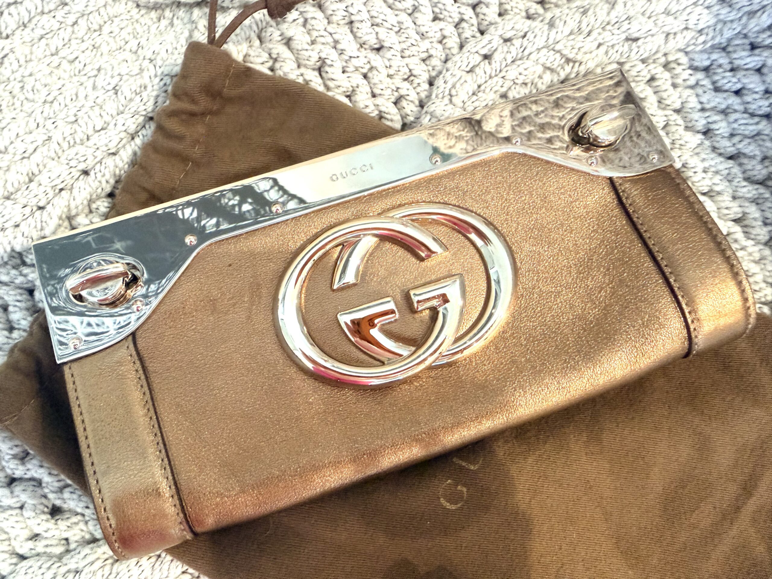 Gucci Starlight Britt Metallic Bronze Leather GG Gold-Tone Frame Clutch — image 4