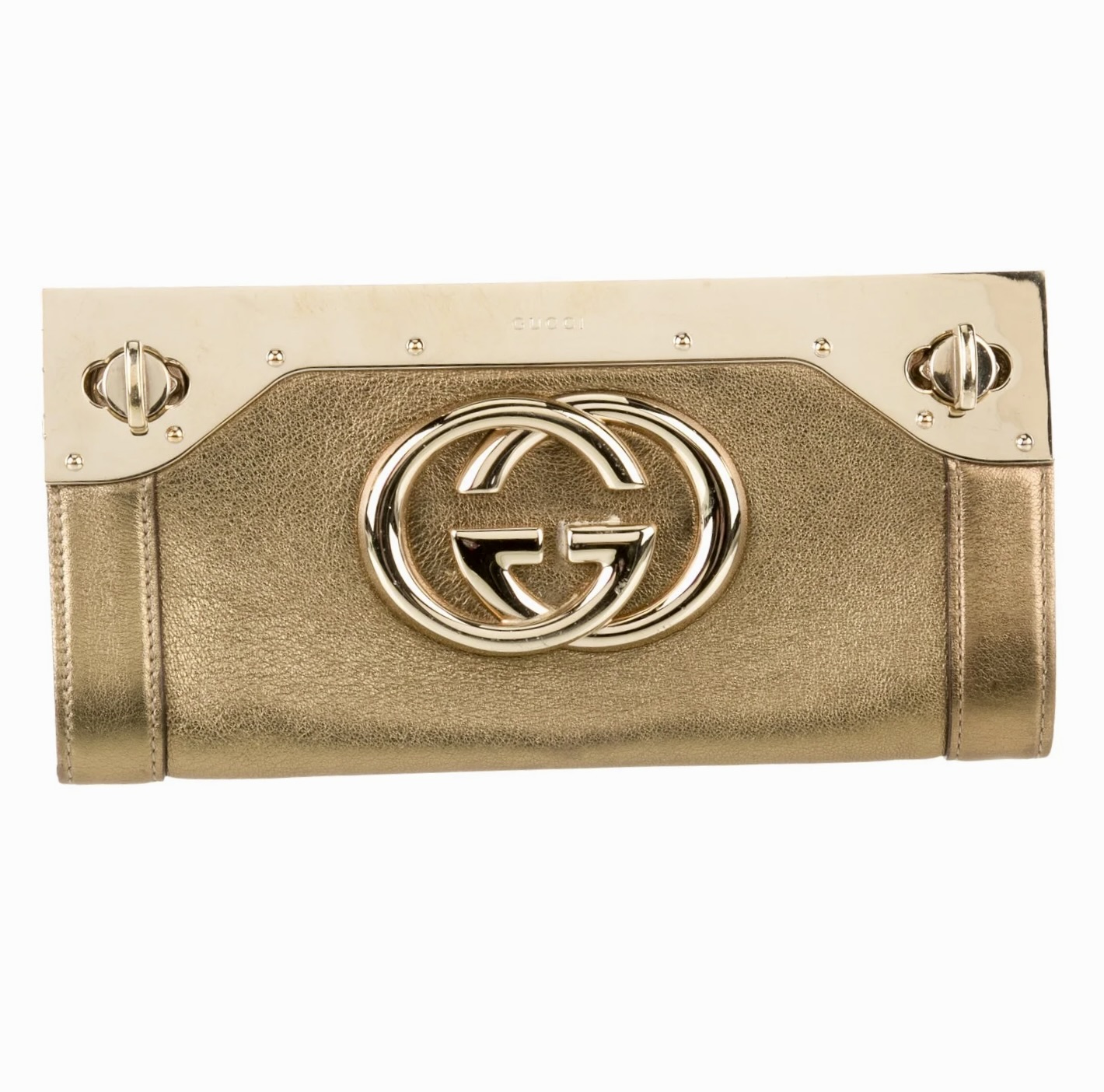 Gucci Starlight Britt Metallic Bronze Leather GG Gold-Tone Frame Clutch