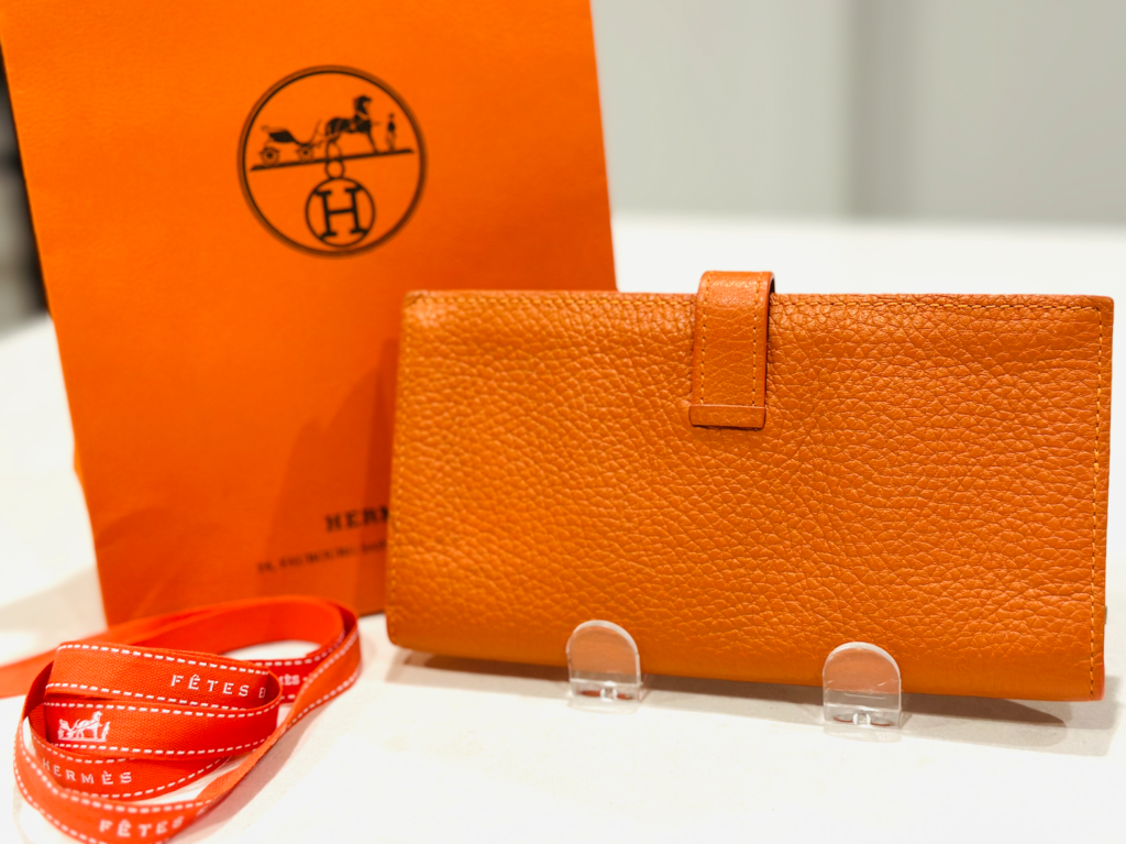 Real Leather Hermes Orange Epsom Bearn H-Wallet