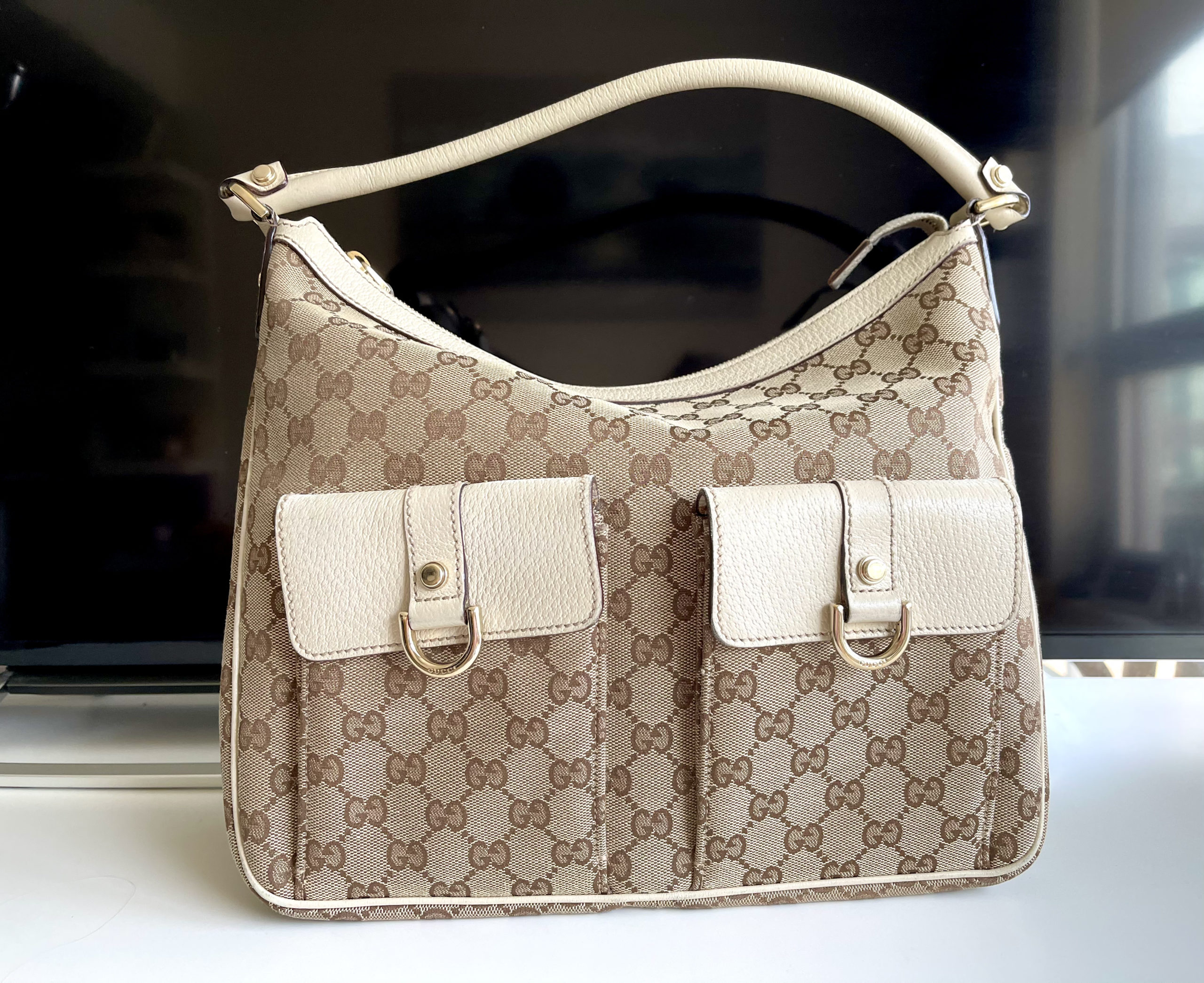 Gucci GG Monogram Ivory Canvas Pocket Hobo Bag