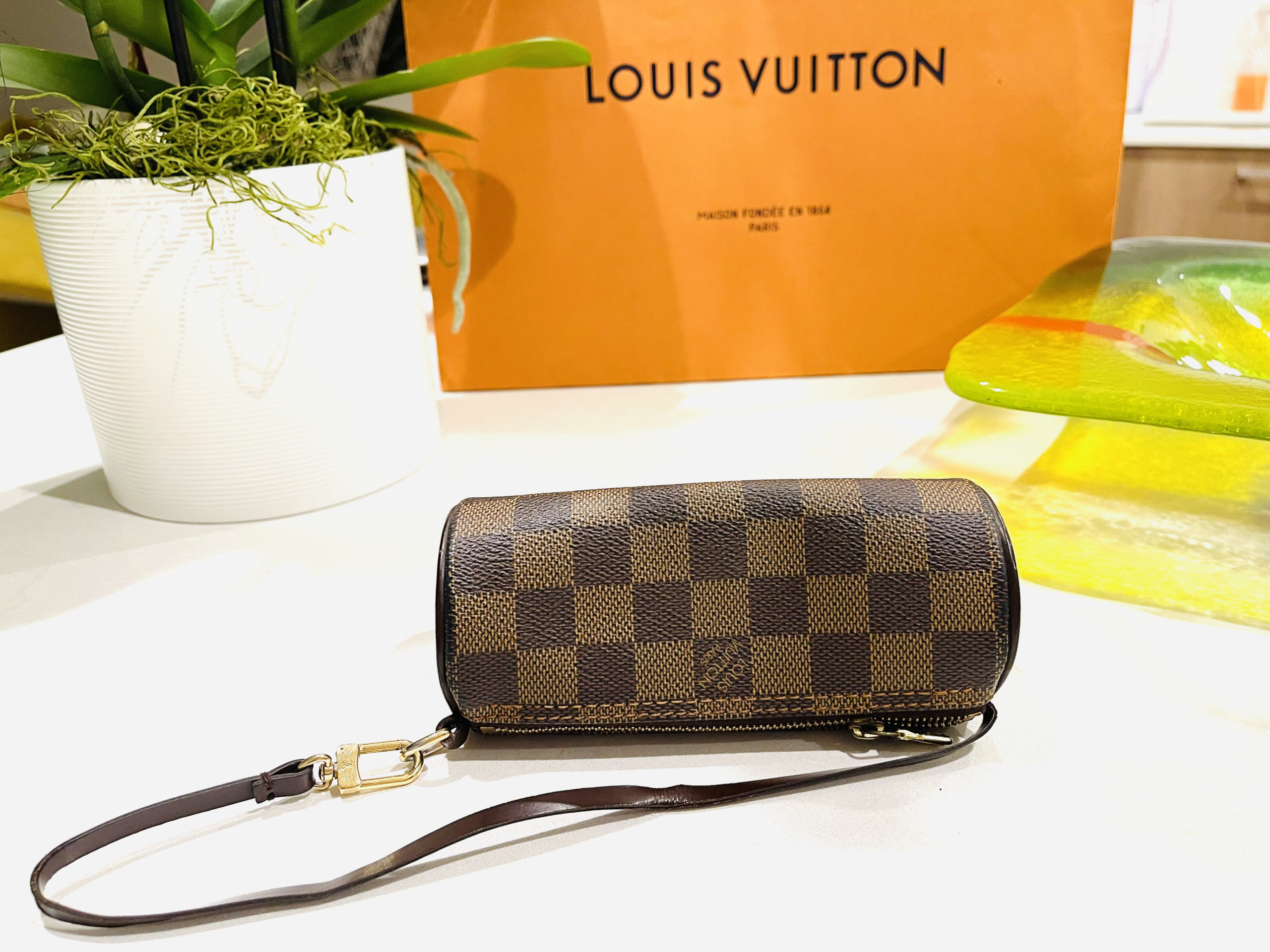 Authentic Louis Vuitton Damier Ebene Leather Pouch Mini Purse