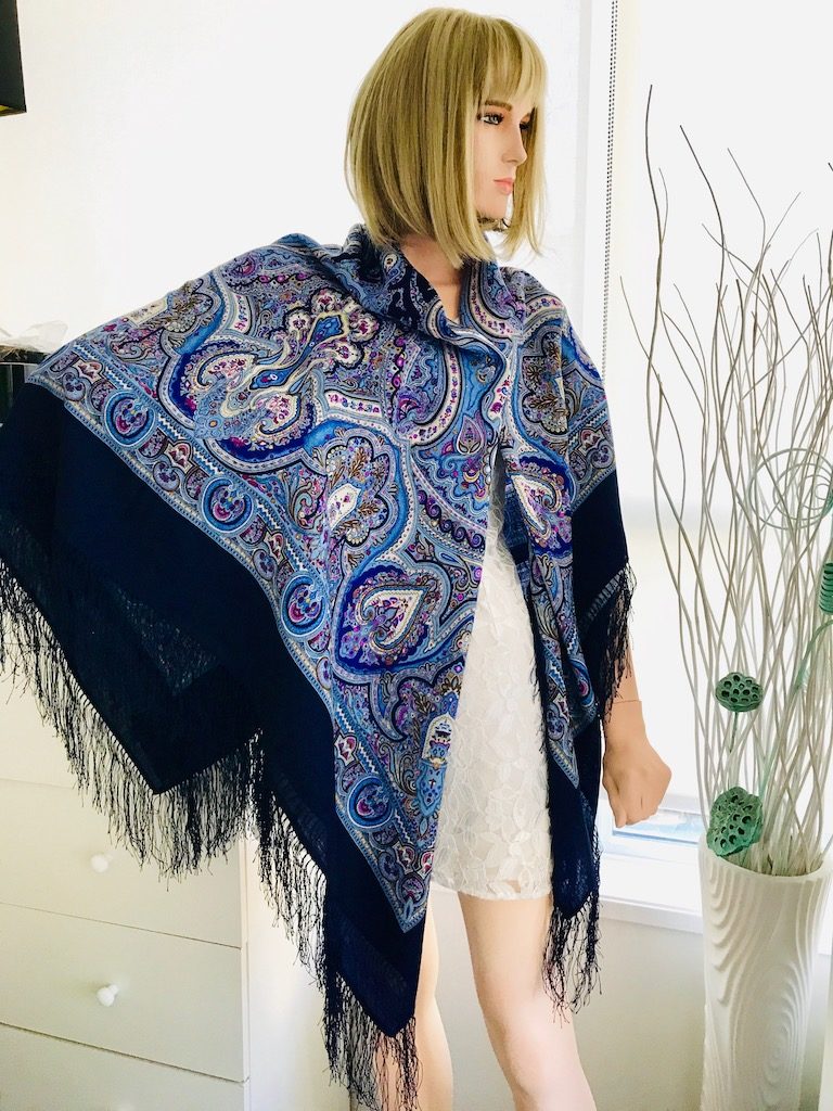 Oversized emerald blue wool shawl with pink roses size 57 Russian shawl blue Pavlovo Posad floral scarf wrap