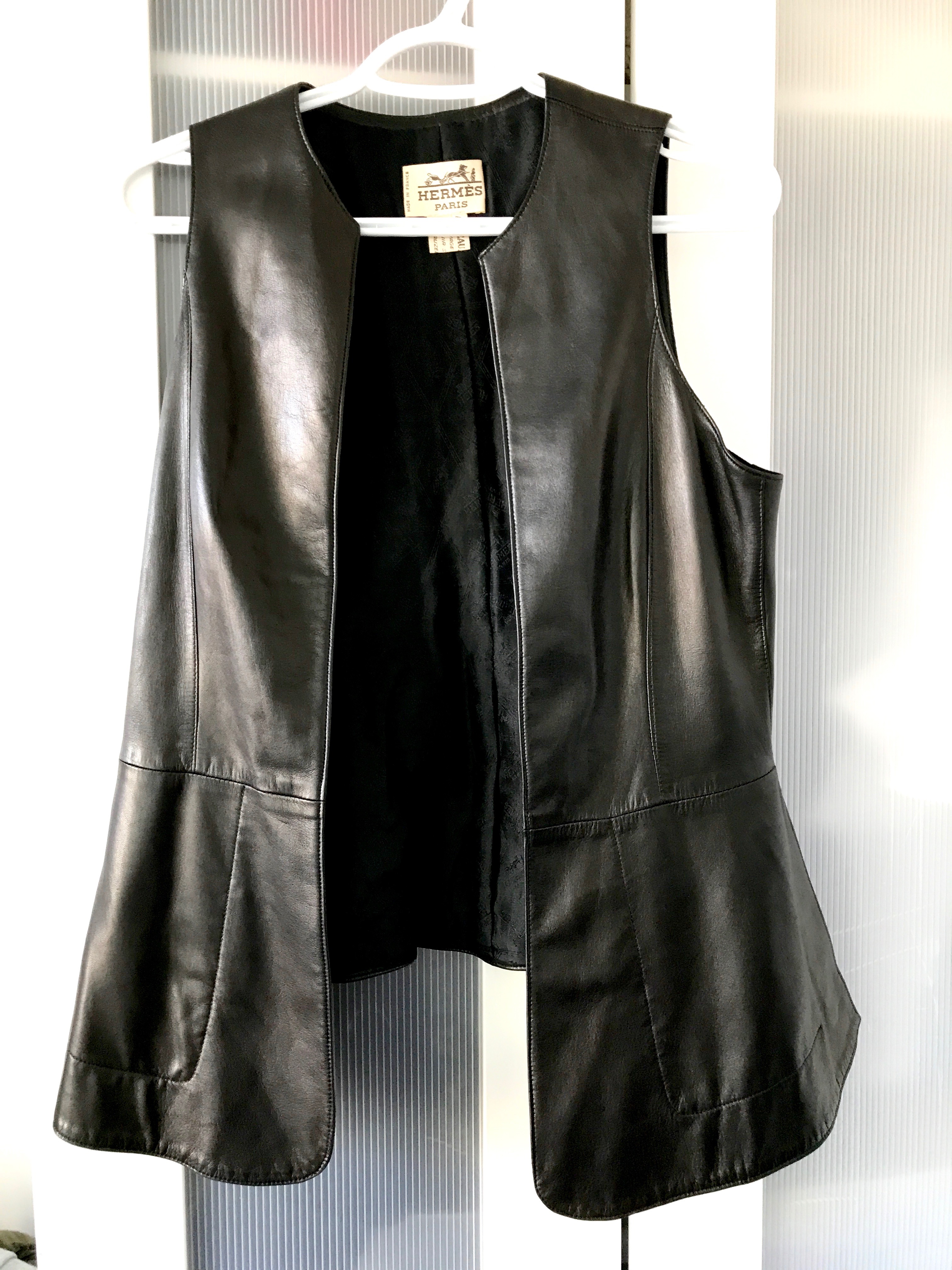 HERMES Black Lambskin Leather and Silk Signature Vest France Size S