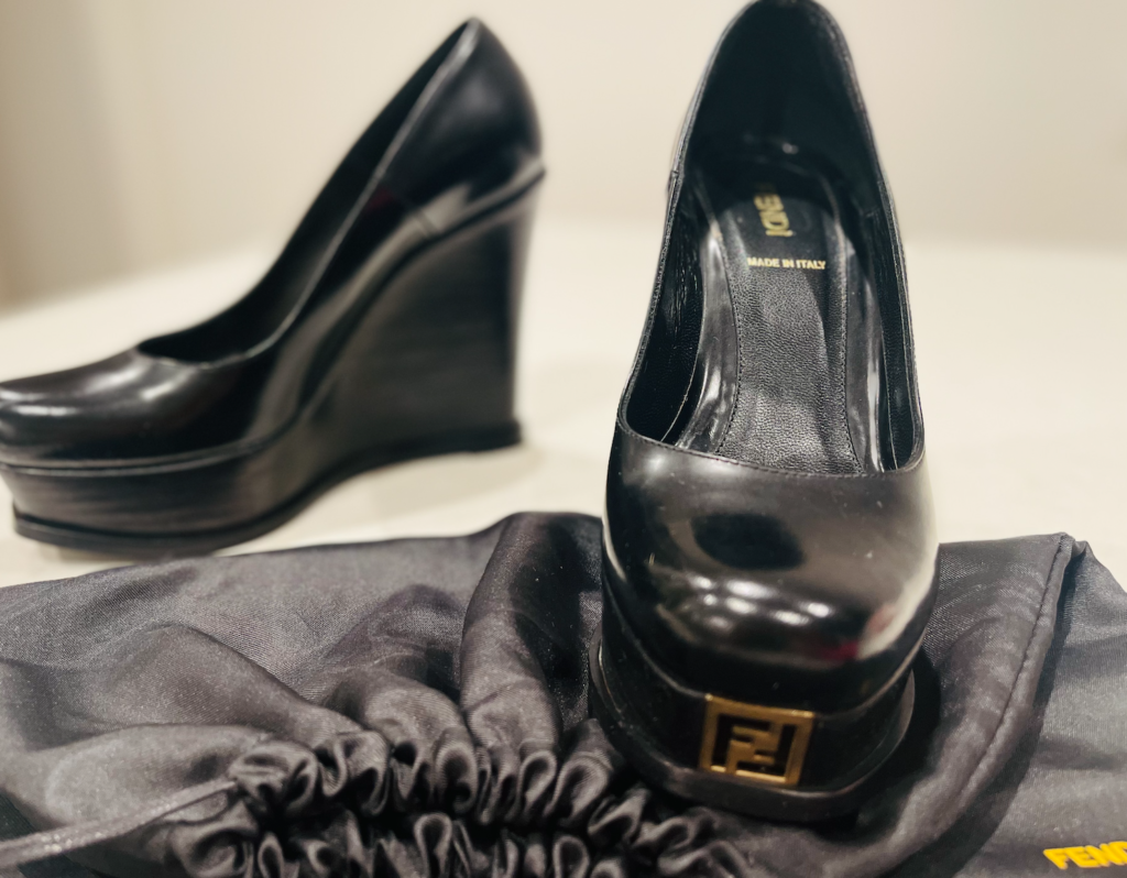 Fendi Black Leather Fendista Platform Wedge Pumps