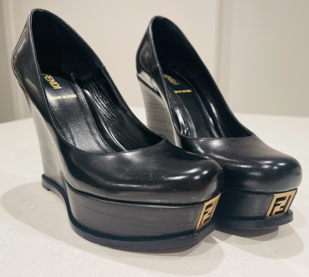 Fendi Black Leather Fendista Platform Wedge Pumps