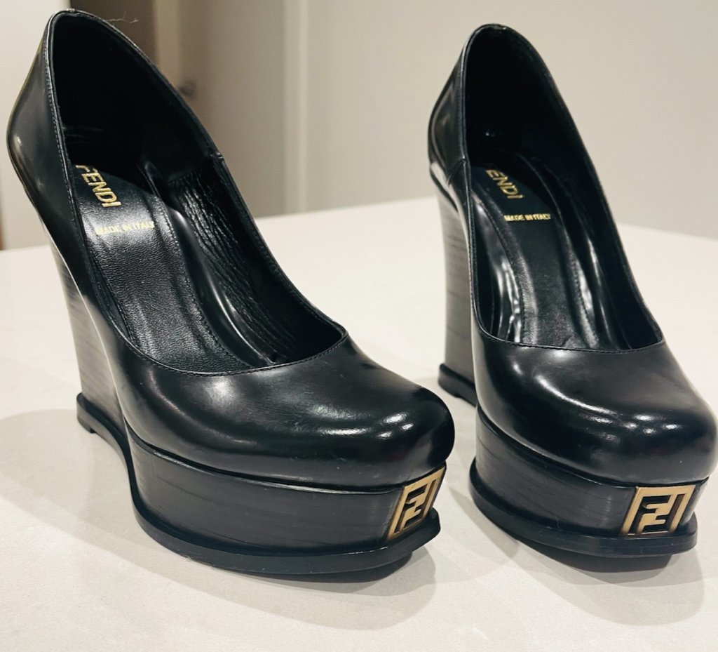 Fendi Black Leather Fendista Platform Wedge Pumps