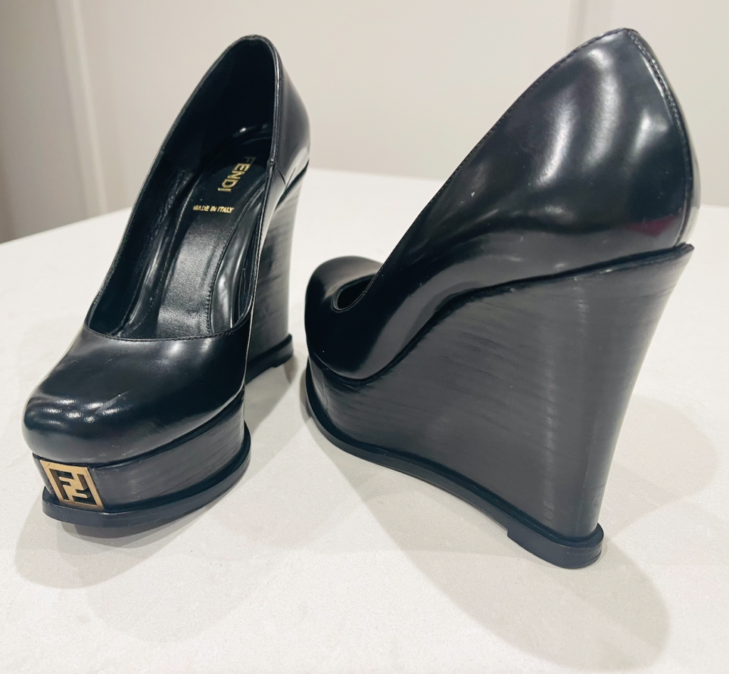 Fendi Black Leather Fendista Platform Wedge Pumps