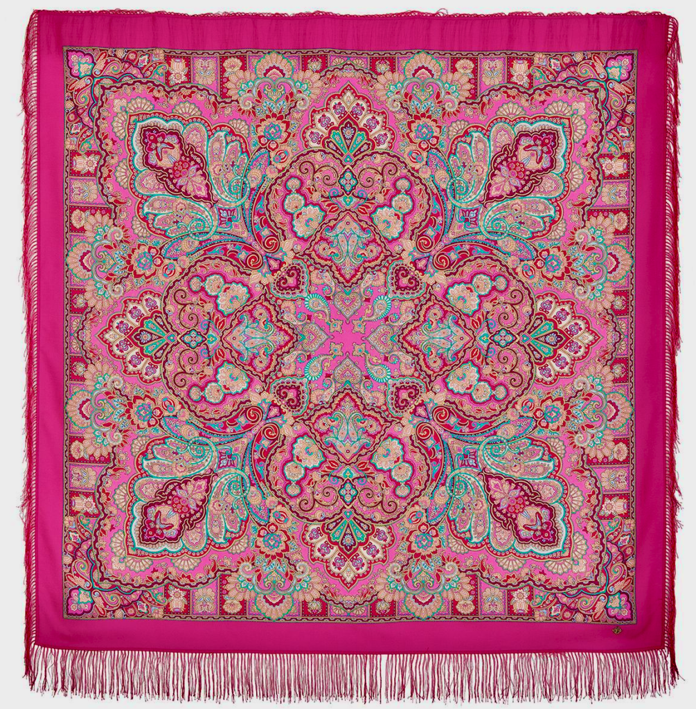 Pavlovo Posad "Beauty Queen" Fuchsia Shawl Pashmina Scarf with Silk Fringе 146 cm x 146 cm