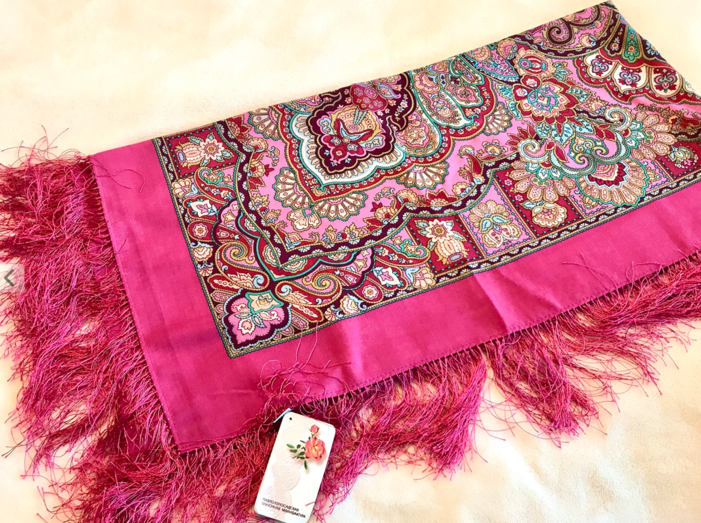 Pavlovo Posad "Beauty Queen" Fuchsia Shawl Pashmina Scarf with Silk Fringе 146 cm x 146 cm