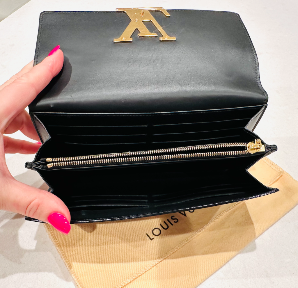 Louis Vuitton Black Patent Leather Louise Wallet-Clutch w/Gold Large Logo