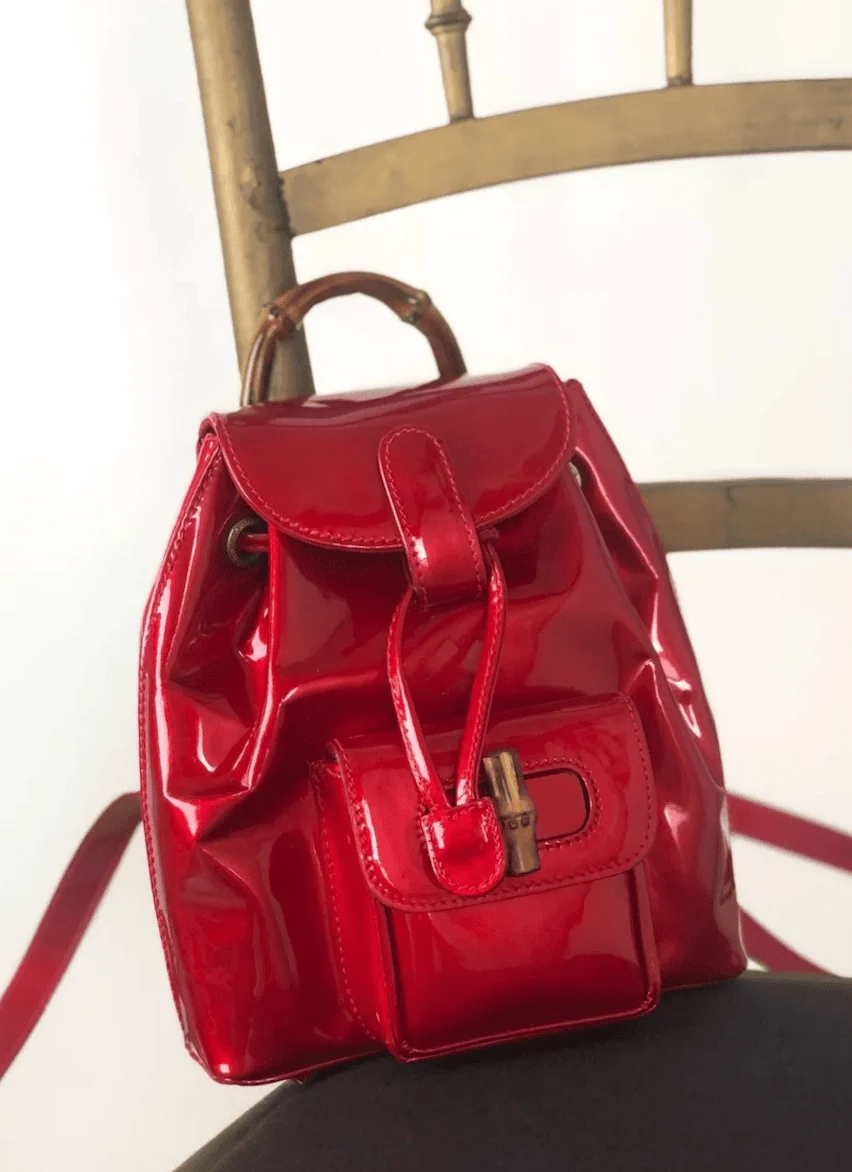 Gucci Red Vernis Leather Bamboo Backpack