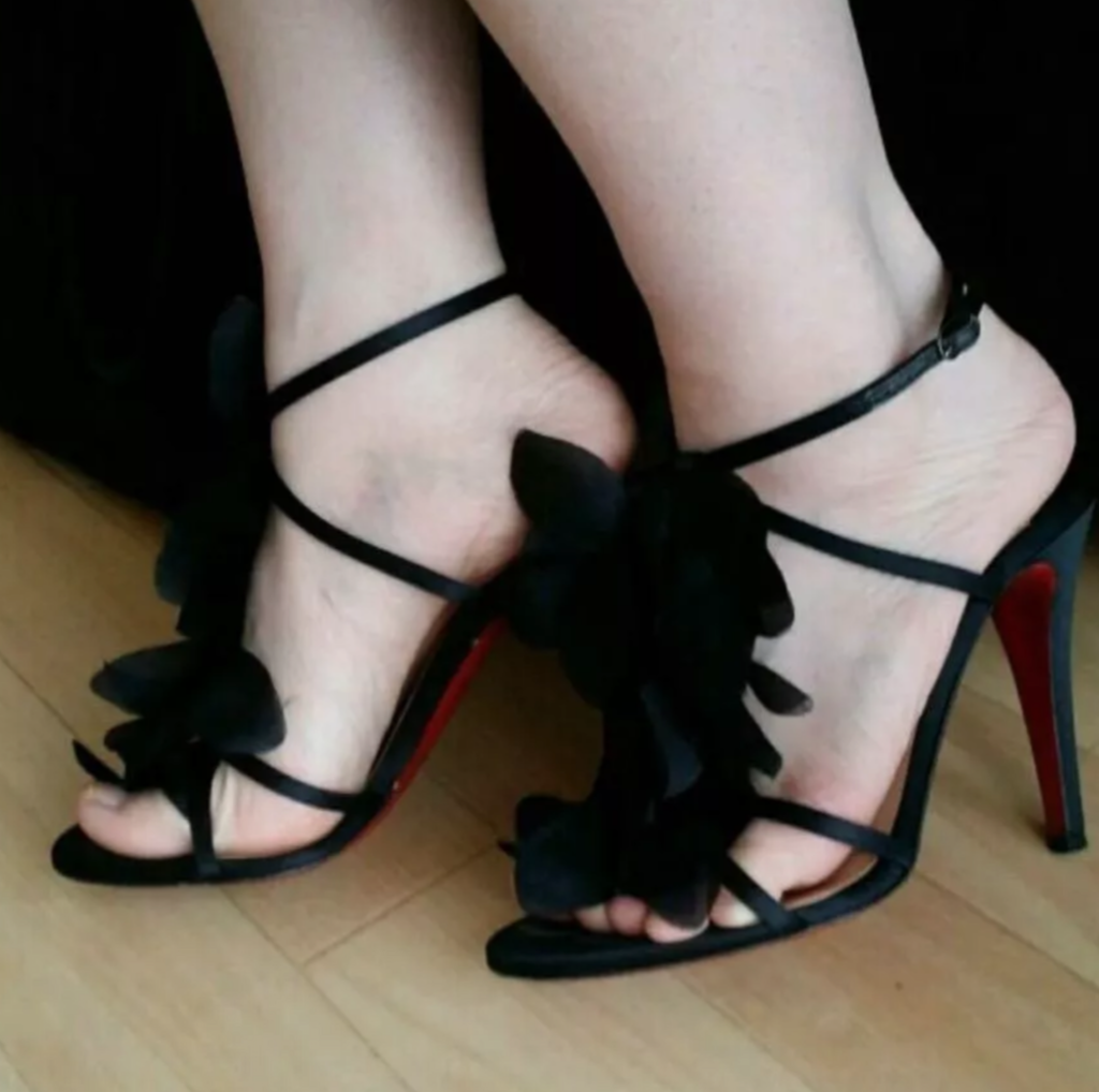 Christian Louboutin Black Flower Petal Satin Applique Stiletto Sandals Heels