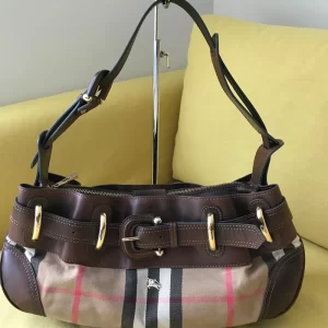 Burberry Check Canvas & Brown Leather Hobo Bag