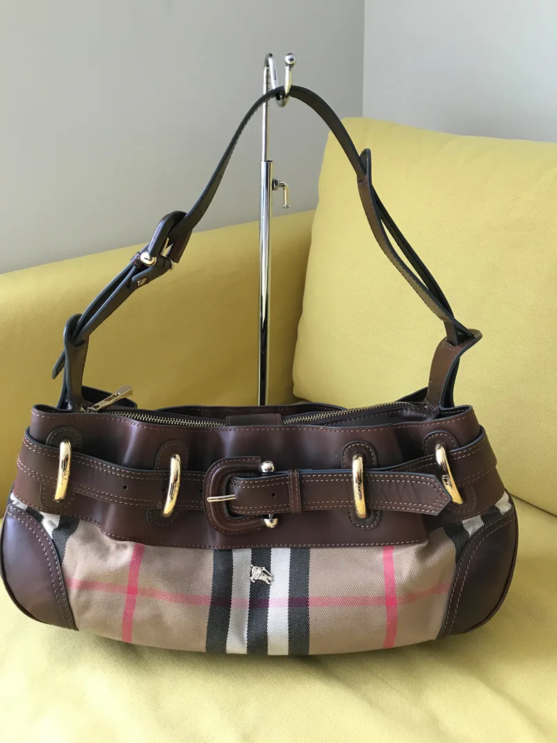 Burberry Check Canvas & Brown Leather Hobo Bag