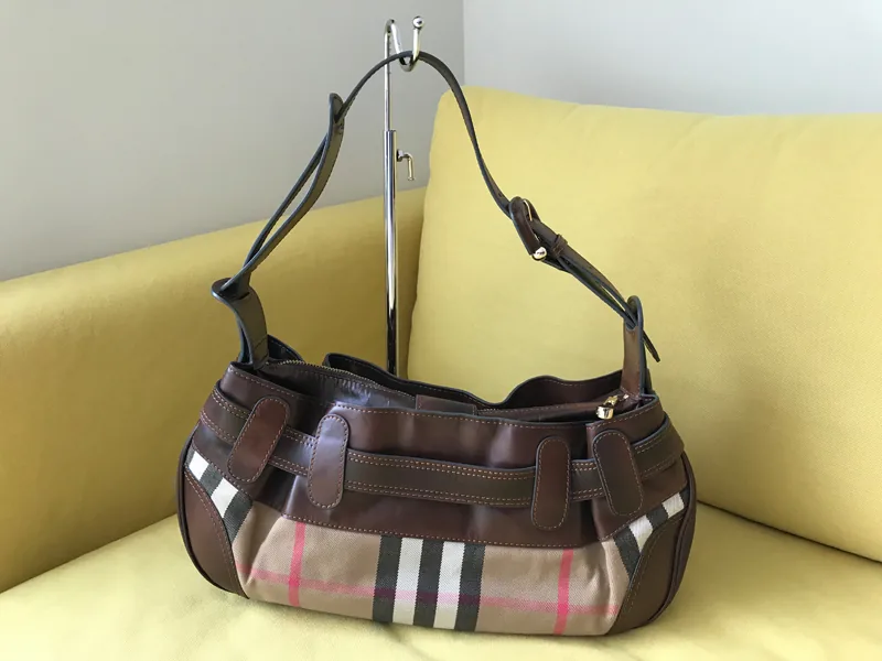 Burberry Check Canvas & Brown Leather Hobo Bag — image 3
