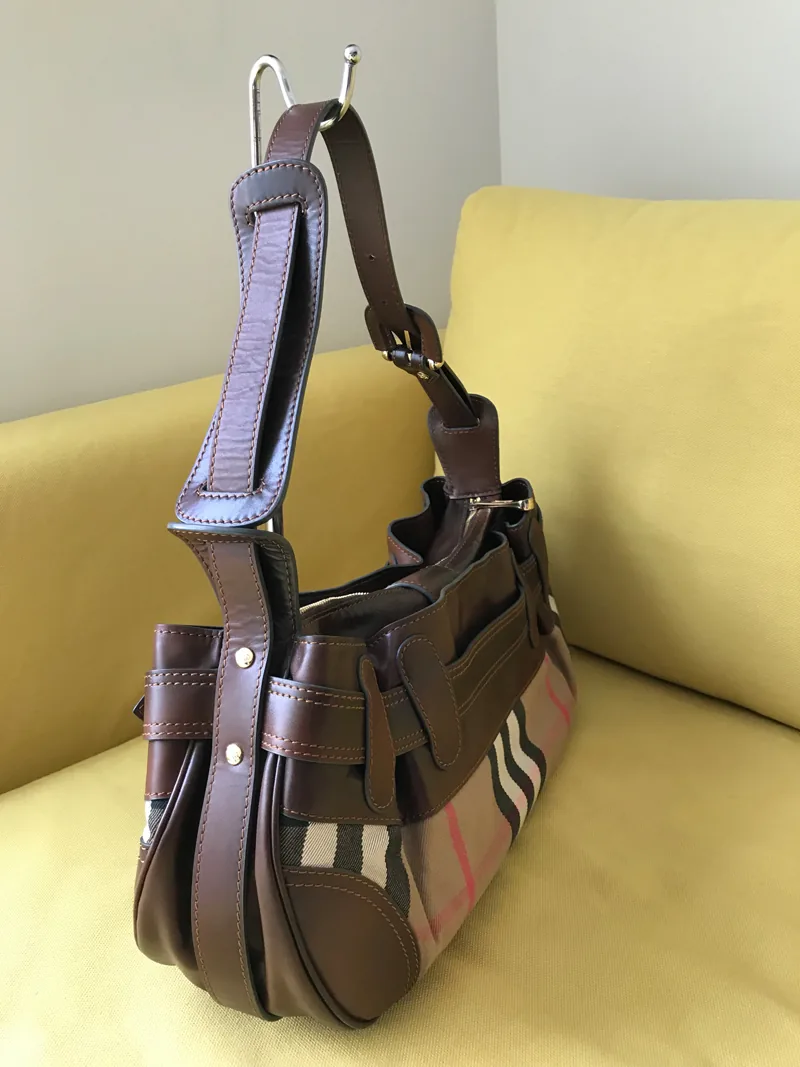 Burberry Check Canvas & Brown Leather Hobo Bag — image 5