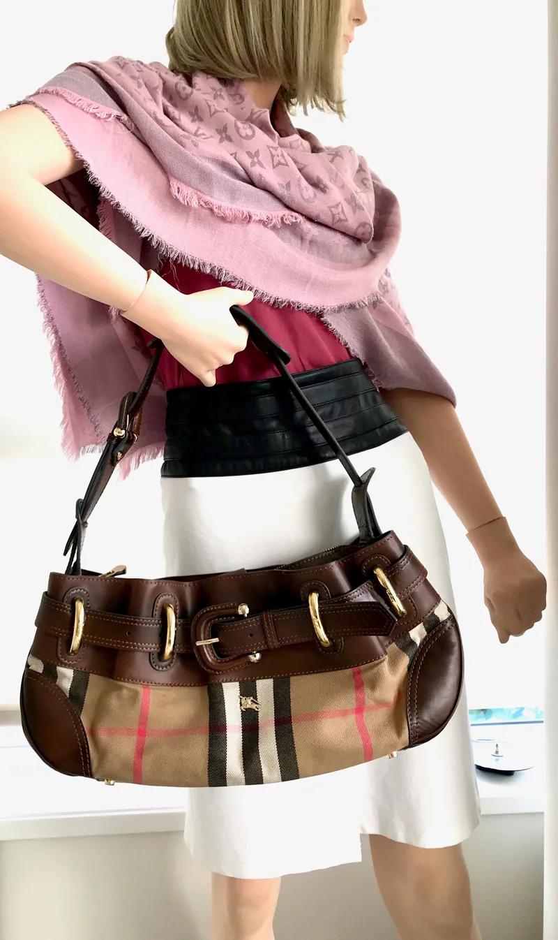 Burberry Check Canvas & Brown Leather Hobo Bag — image 12
