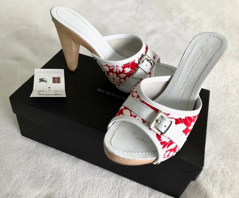 Burberry Red White Floral Mules/Size 38