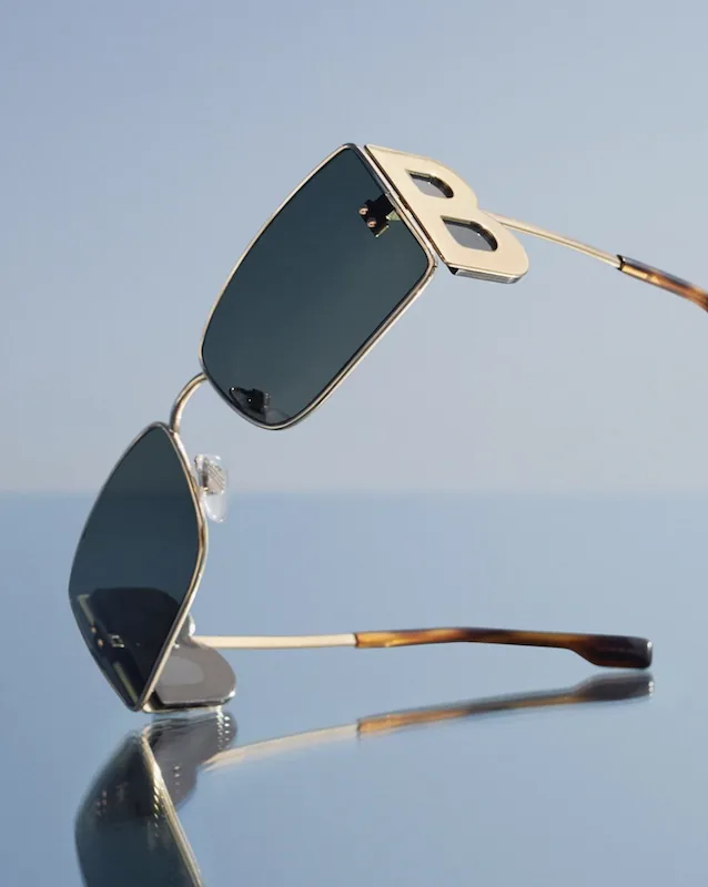 B‑3110 Rectangular Gold Metal Havana Frame Grey Blue Gradient Sunglasses
