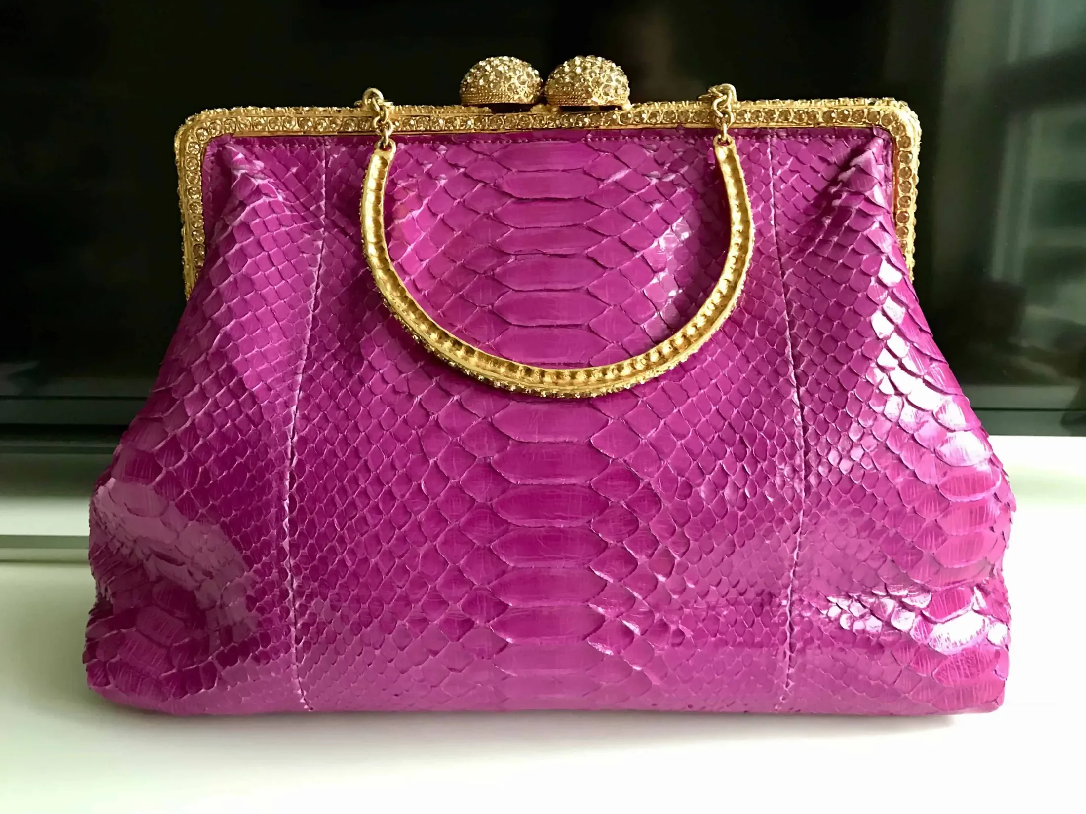 Clara Kasavina Simonetta Magenta Python Skin Swarovski Crystals Satchel