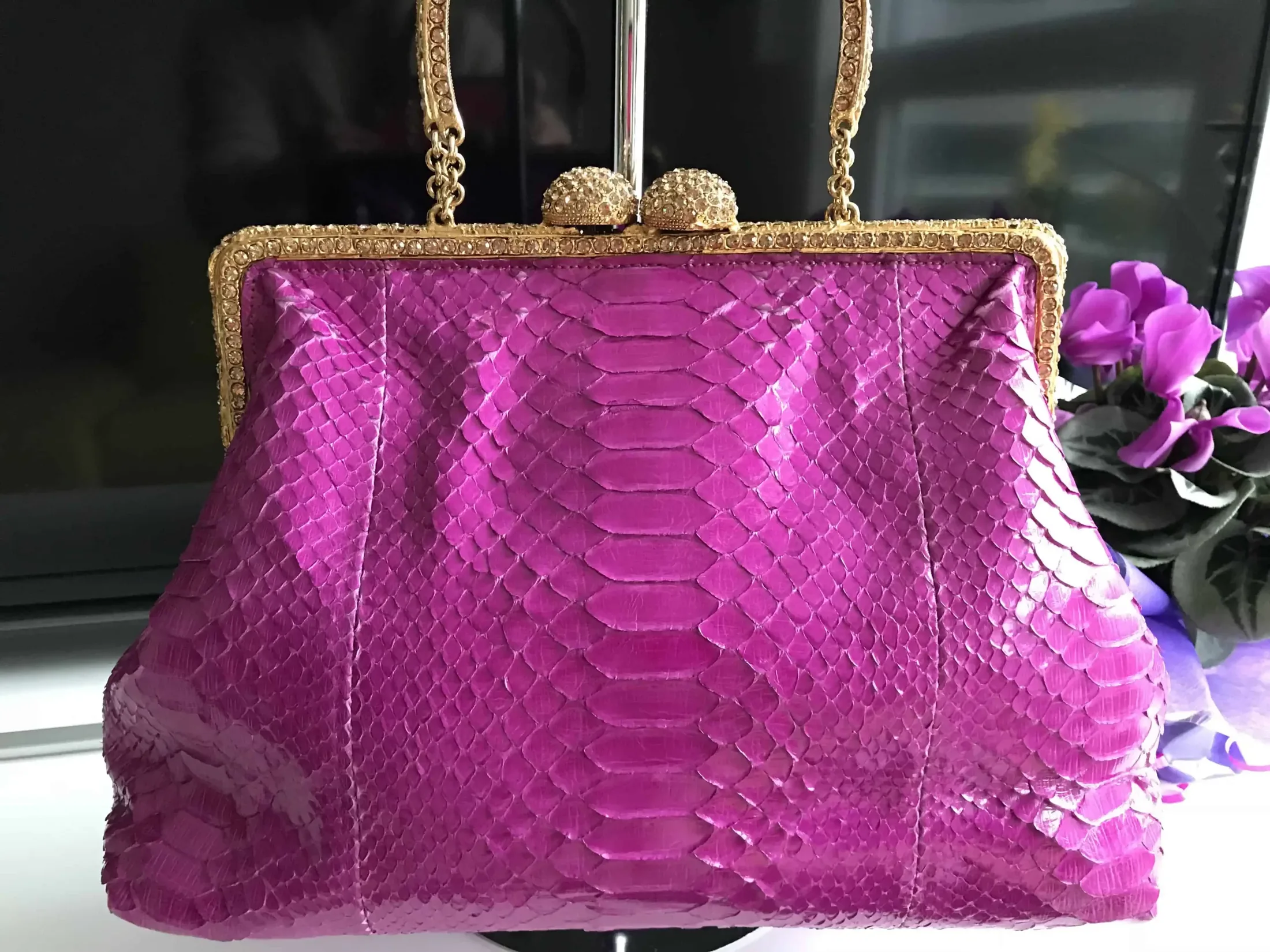 Clara Kasavina Simonetta Magenta Python Skin Swarovski Crystals Satchel — image 4