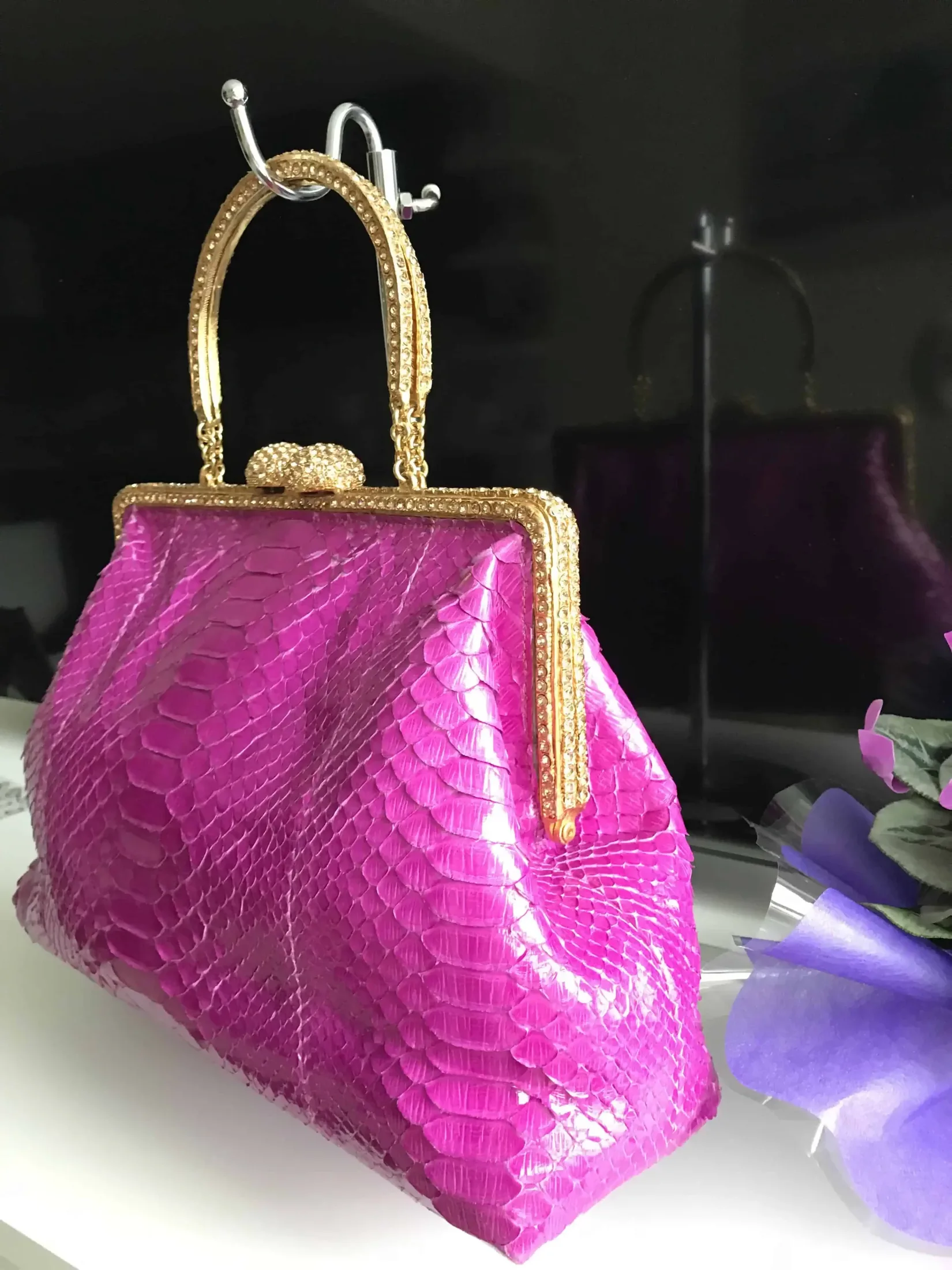 Clara Kasavina Simonetta Magenta Python Skin Swarovski Crystals Satchel — image 5