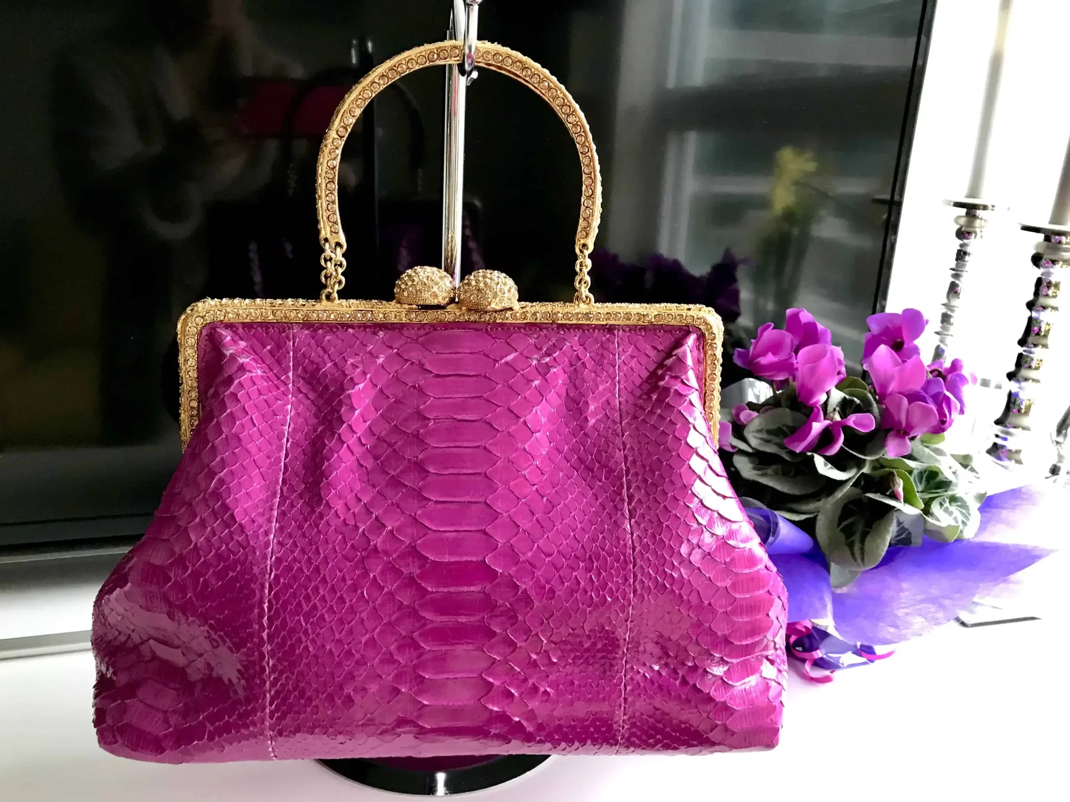 Clara Kasavina Simonetta Magenta Python Skin Swarovski Crystals Satchel — image 11