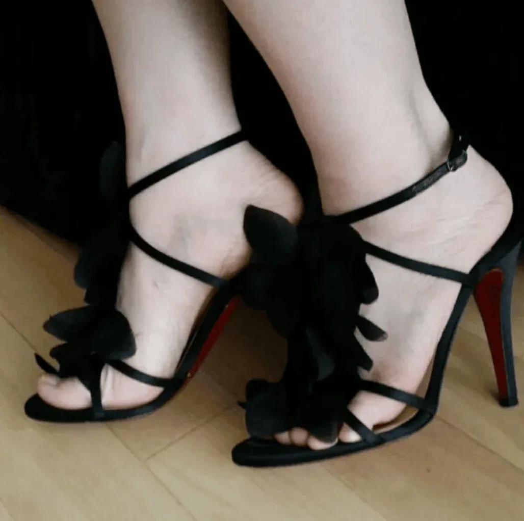 Christian Louboutin Black Flower Petal Satin Applique Stiletto Sandals Heels — image 4