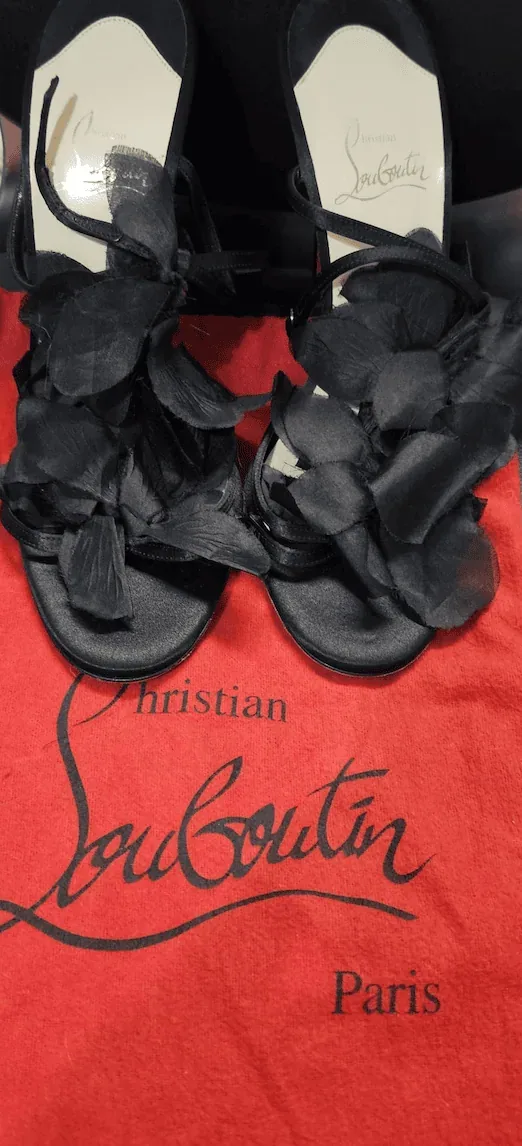 Christian Louboutin Black Flower Petal Satin Applique Stiletto Sandals Heels — image 7
