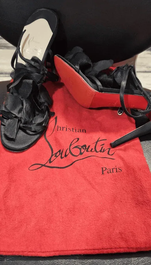 Christian Louboutin Black Flower Petal Satin Applique Stiletto Sandals Heels — image 8