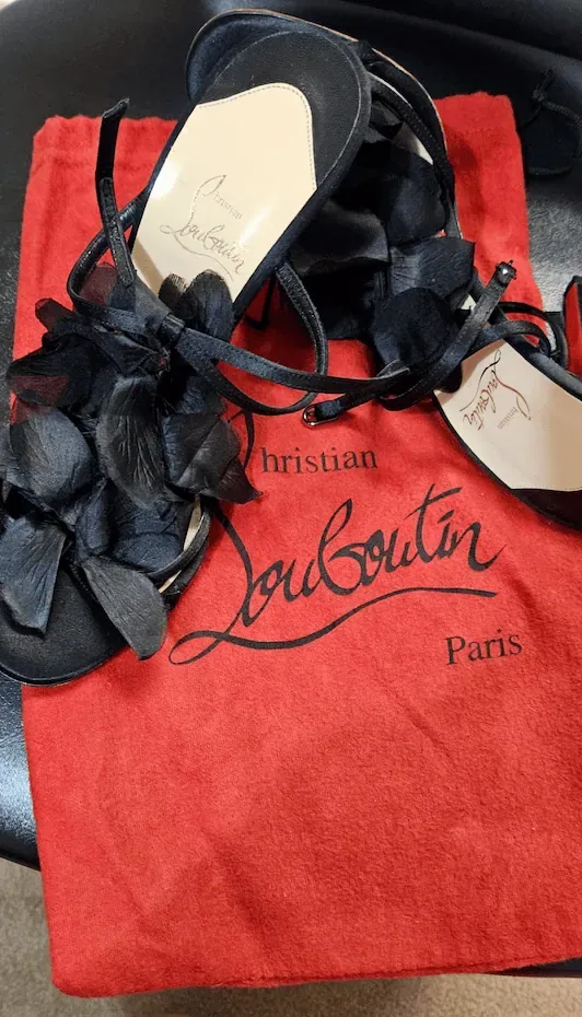 Christian Louboutin Black Flower Petal Satin Applique Stiletto Sandals Heels — image 9