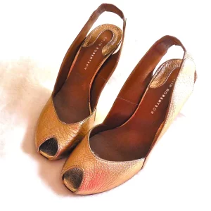 Colin Robertson Gold Leather Peep-Toe Slingback Heels/Size 8.5