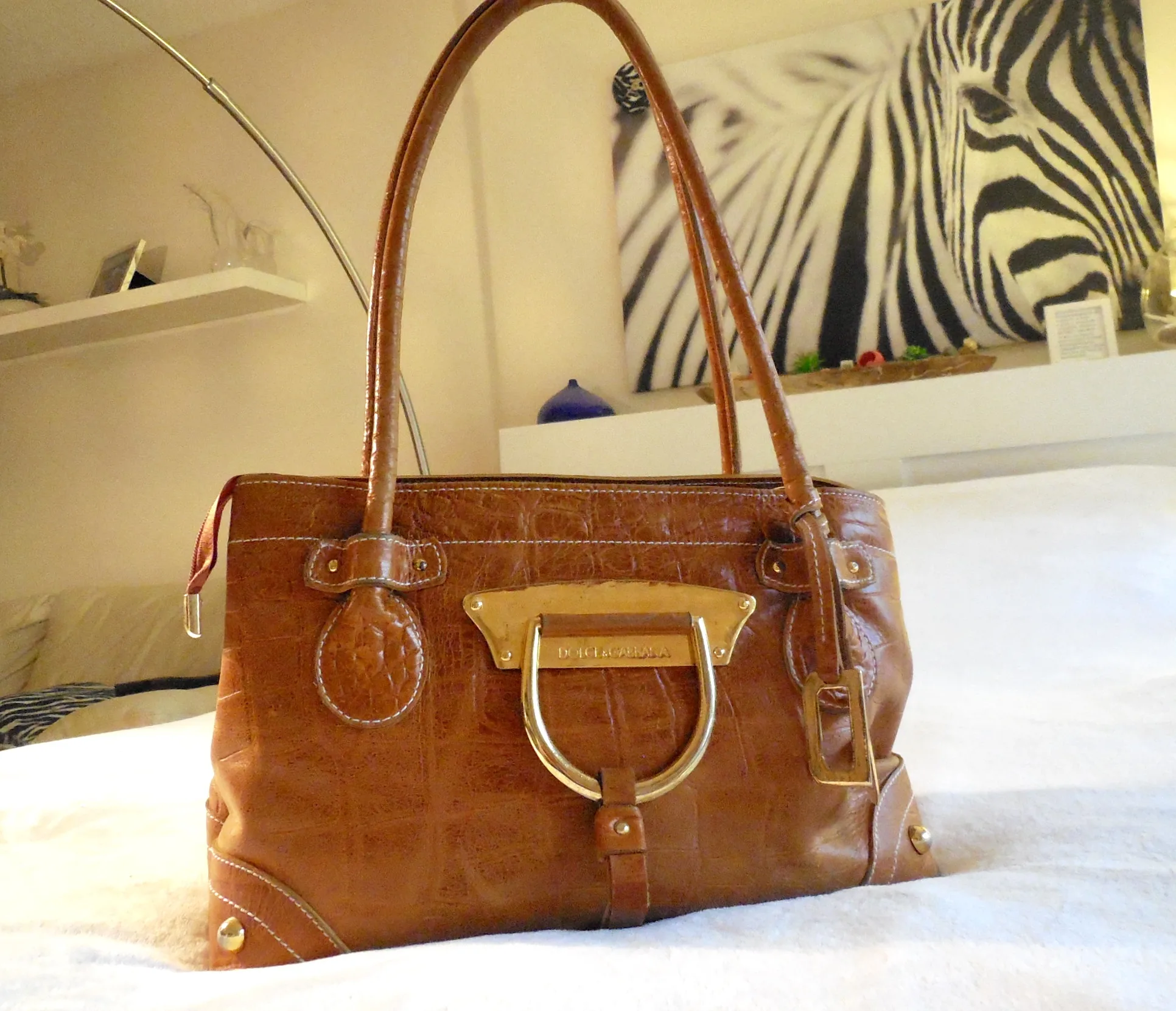 Dolce & Gabbana Tan Crocodile Pattern Leather Tote Bag